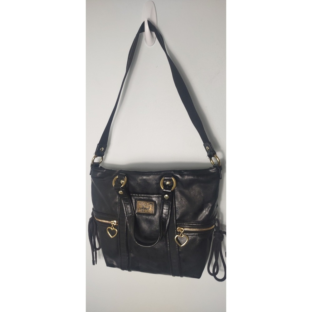 Vintage Coach Black Patent‎ Leather Poppy Daisy Liquid Glass Heart Zipper Bag